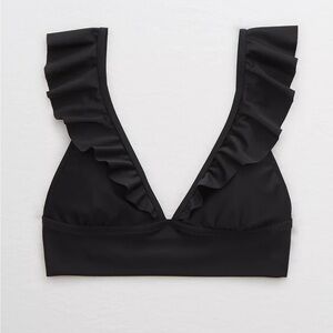 Aerie Ruffle Longline Bikini Top in Color Black Size Medium